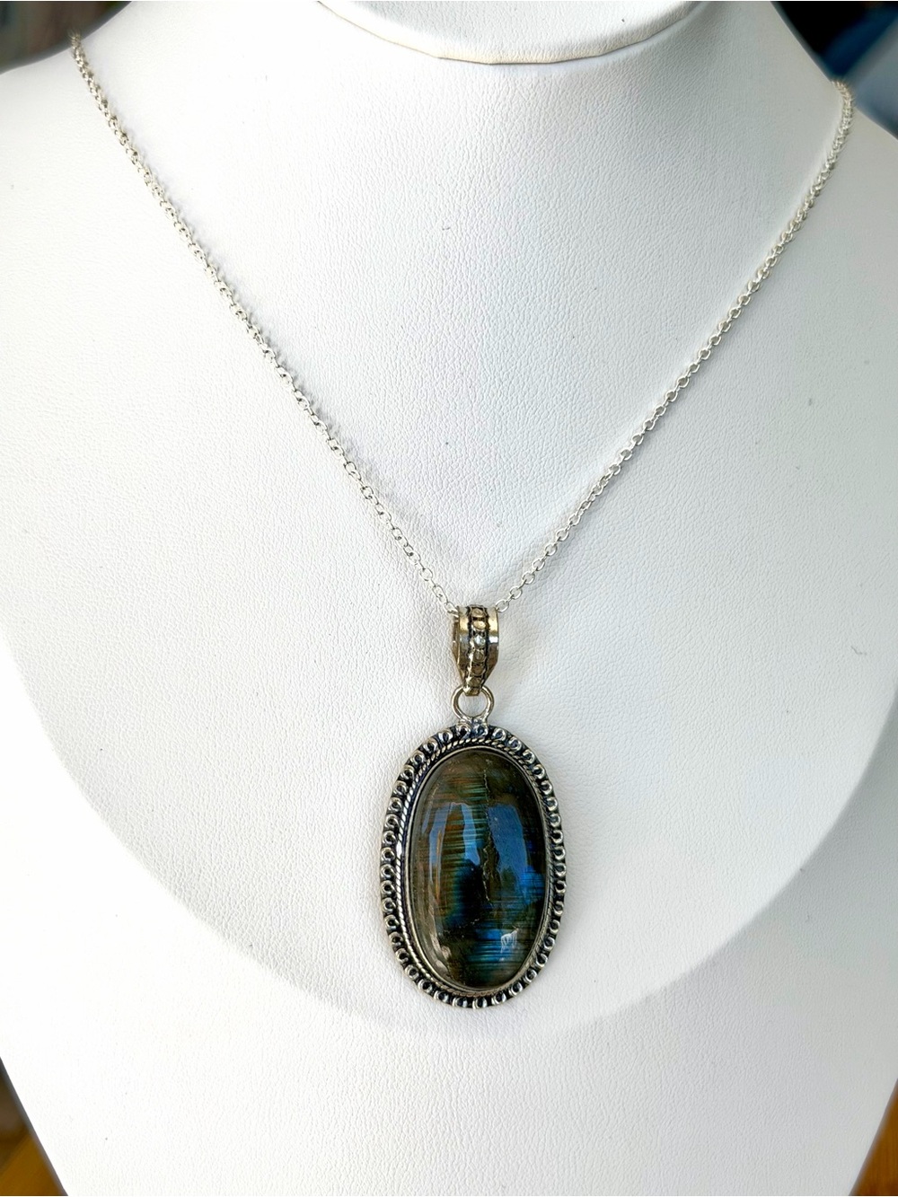 Labradorite Semi-Precious Gemstone Pendant with .925 20” Necklace